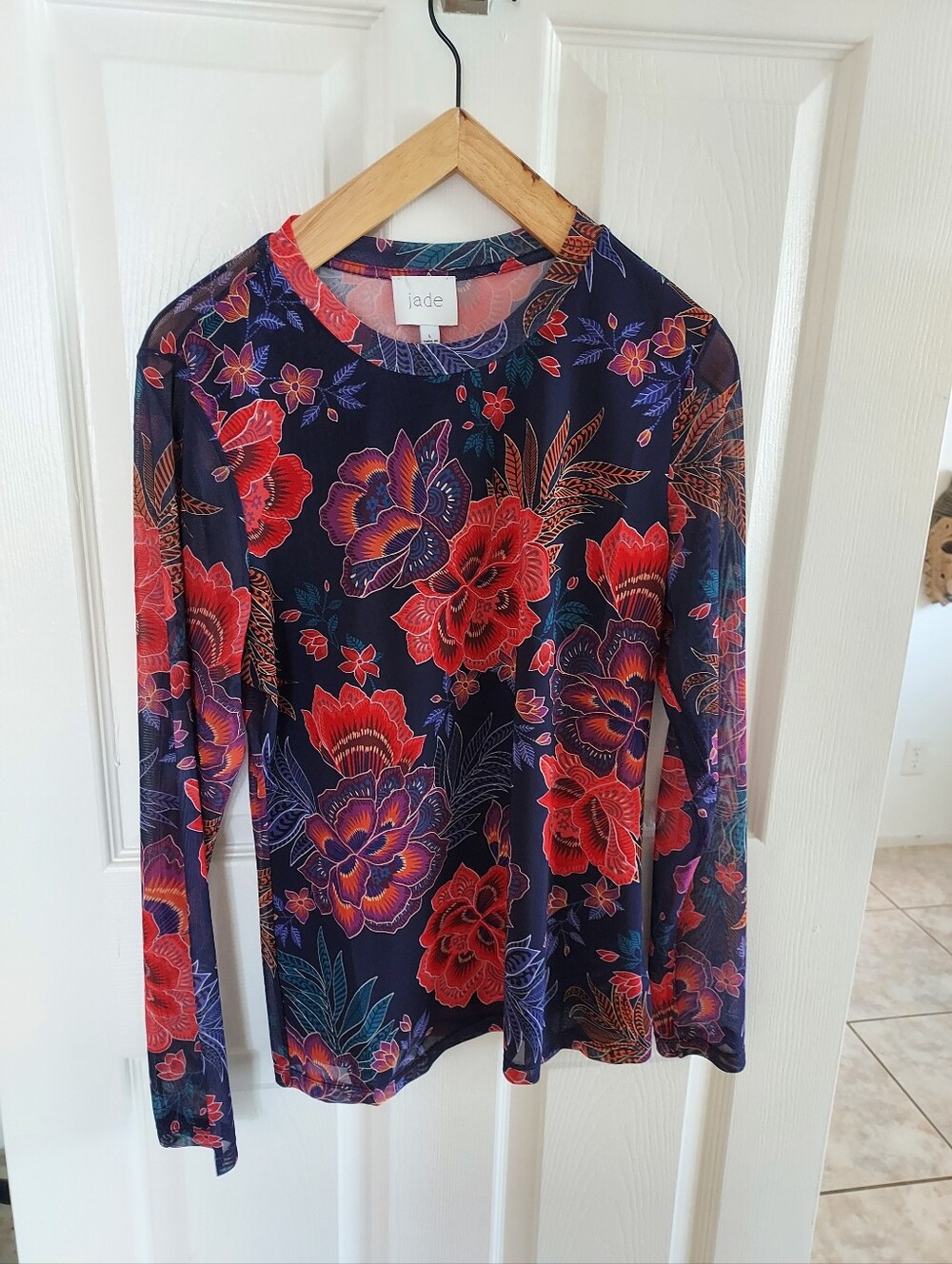 Johnny Was Jade Navy Long-Sleeve Floral Top with Red and Purple Blooms